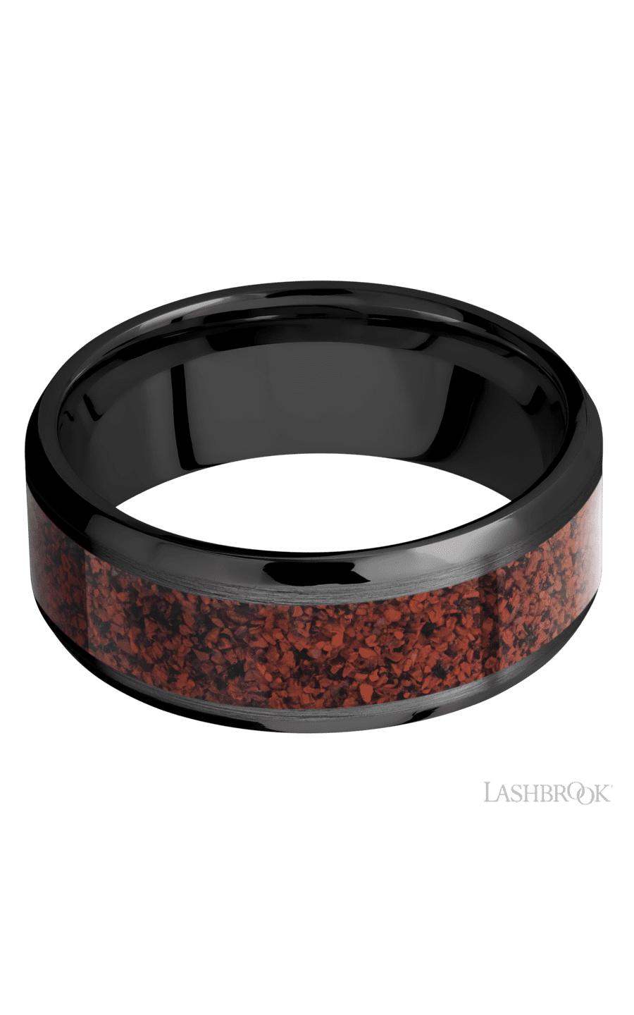 8 mm wide/Beveled/Zirconium band with one 5 mm Centered inlay of Dinosaur Bone Red.
