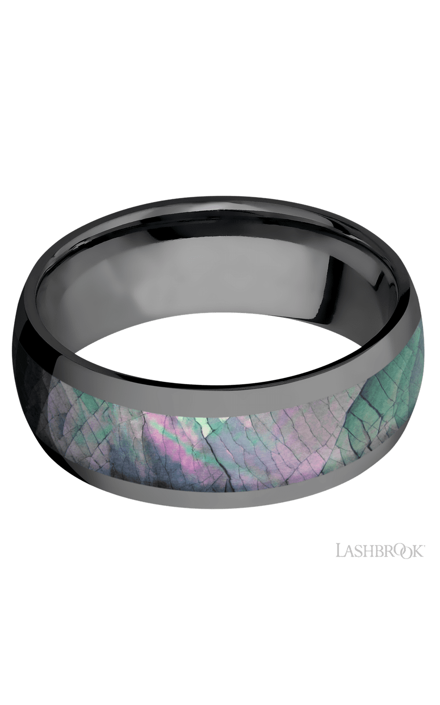 8 mm wide/Domed/Zirconium band with one 5 mm Centered inlay of Black Mother of Pearl.