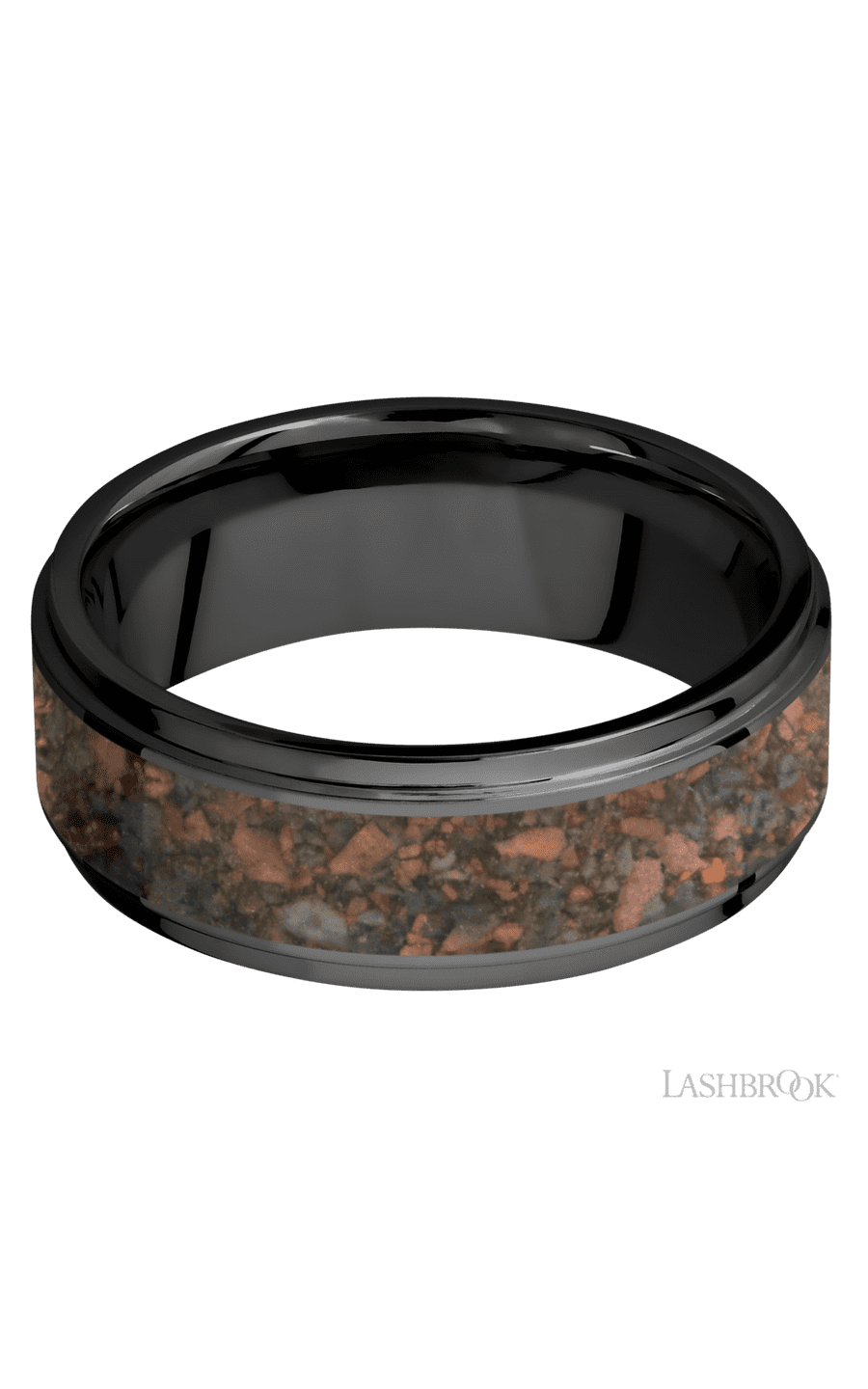 8 mm wide/Flat Grooved Edges/Zirconium band with one 5 mm Centered inlay of Desert Jasper.