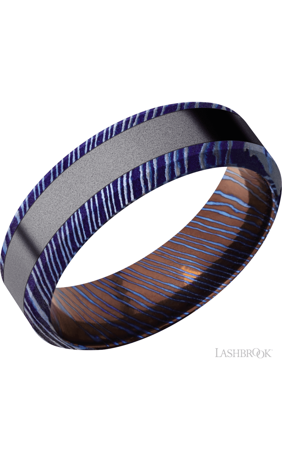 7 mm wide/High Bevel/Titanium Damascus band with one 3 mm Centered inlay of Tantalum.
