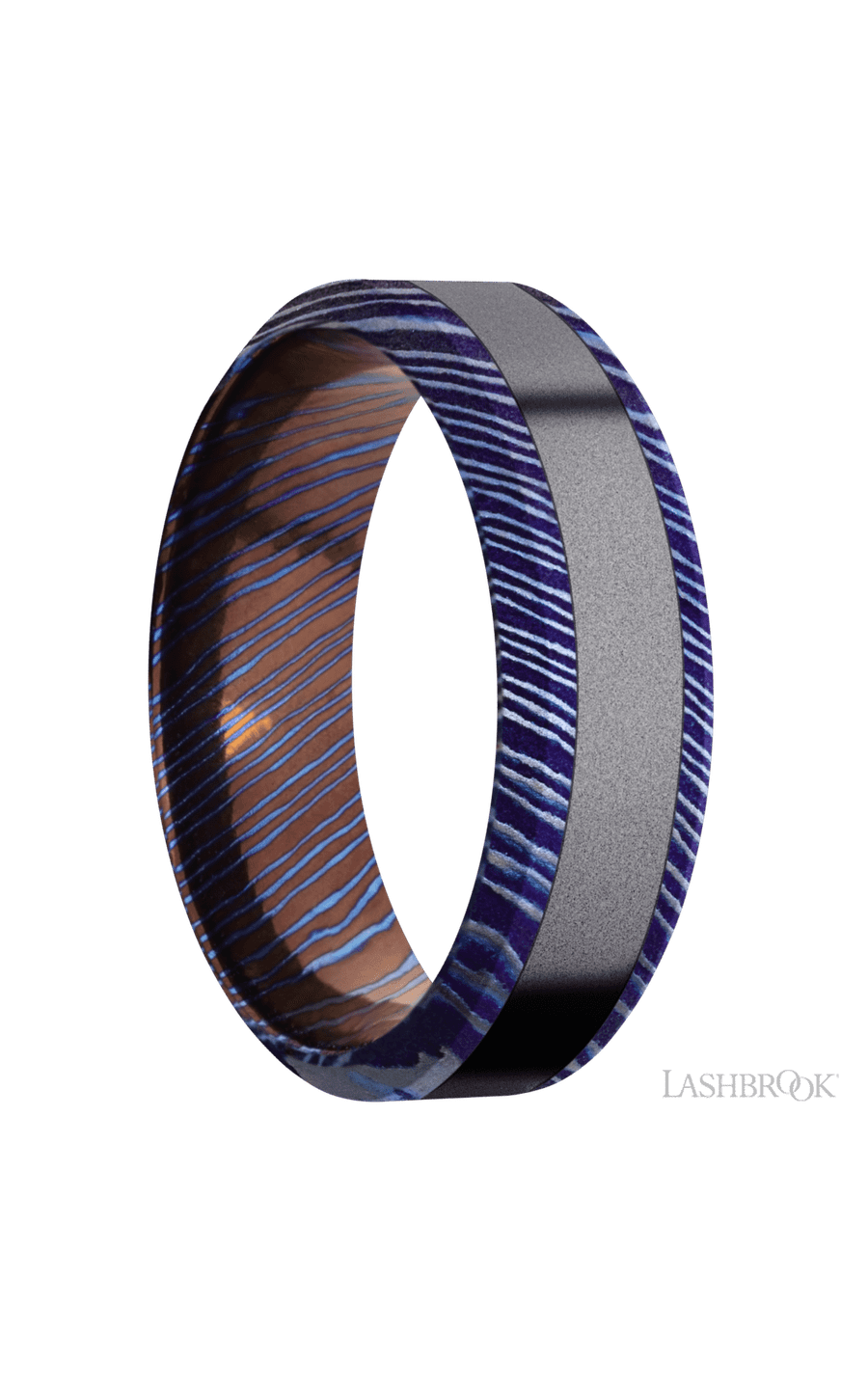 7 mm wide/High Bevel/Titanium Damascus band with one 3 mm Centered inlay of Tantalum.