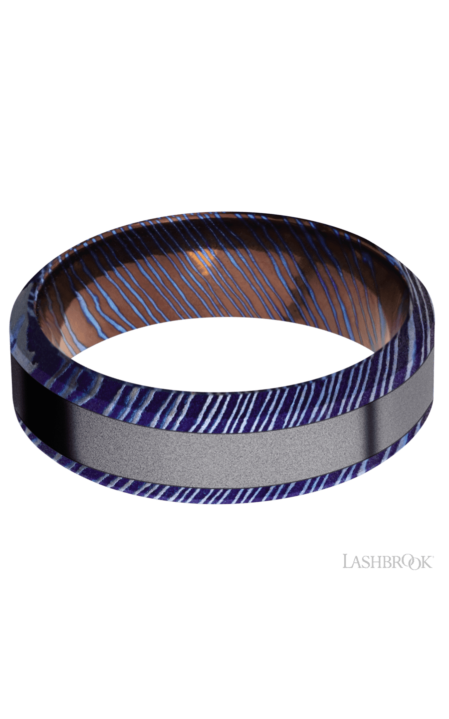 7 mm wide/High Bevel/Titanium Damascus band with one 3 mm Centered inlay of Tantalum.