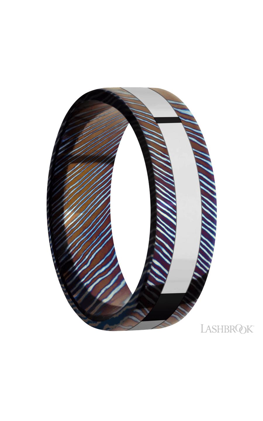 7 mm wide/Flat/Titanium Damascus band with one 3 mm Centered inlay of Cobalt Chrome.