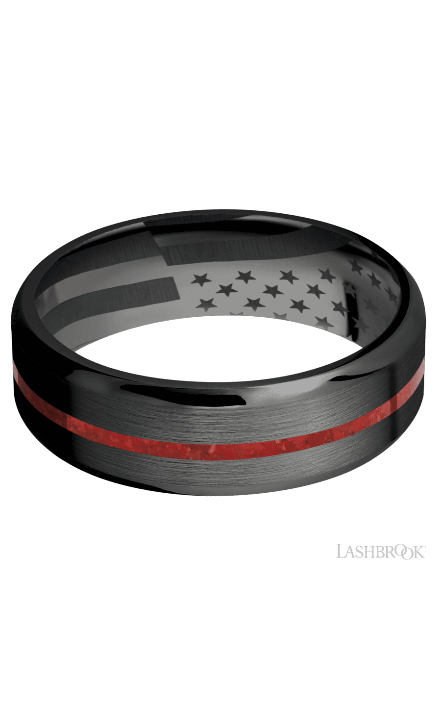 7 mm wide/Beveled/Zirconium band with one 1 mm Centered inlay of Coral.