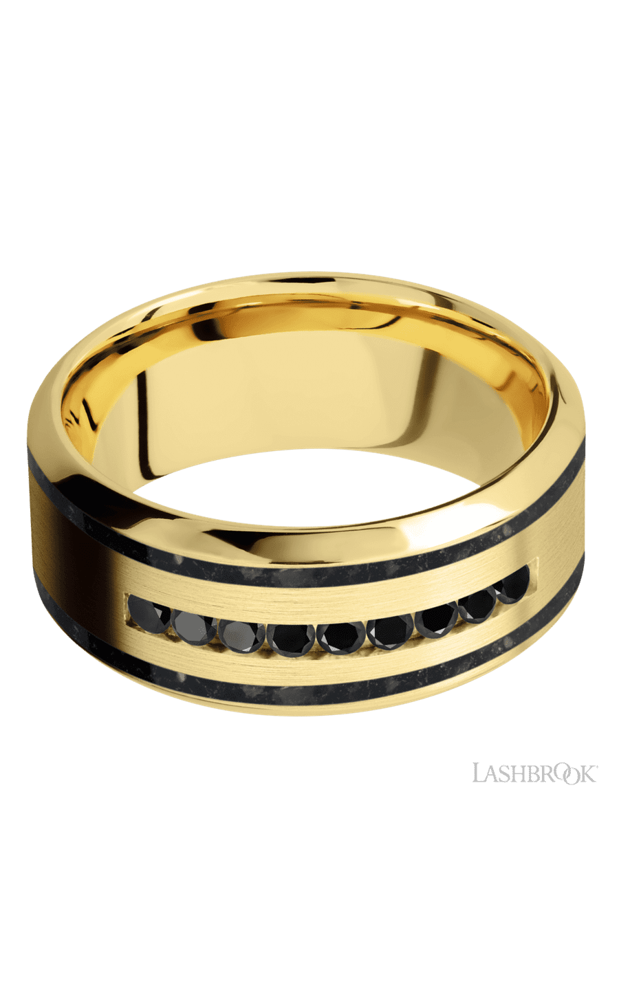 9 mm wide/High Bevel/14K Yellow Gold band with two 1 mm Wide inlays of Black Onyx and featuring an arrangement of 9, .03 carat Round Black Diamond stones in a Channel setting