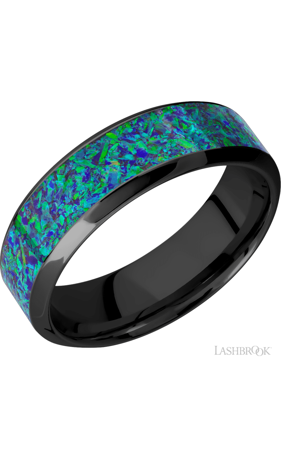 7 mm wide/High Bevel/Zirconium band with one 4 mm Centered inlay of Green Opal.