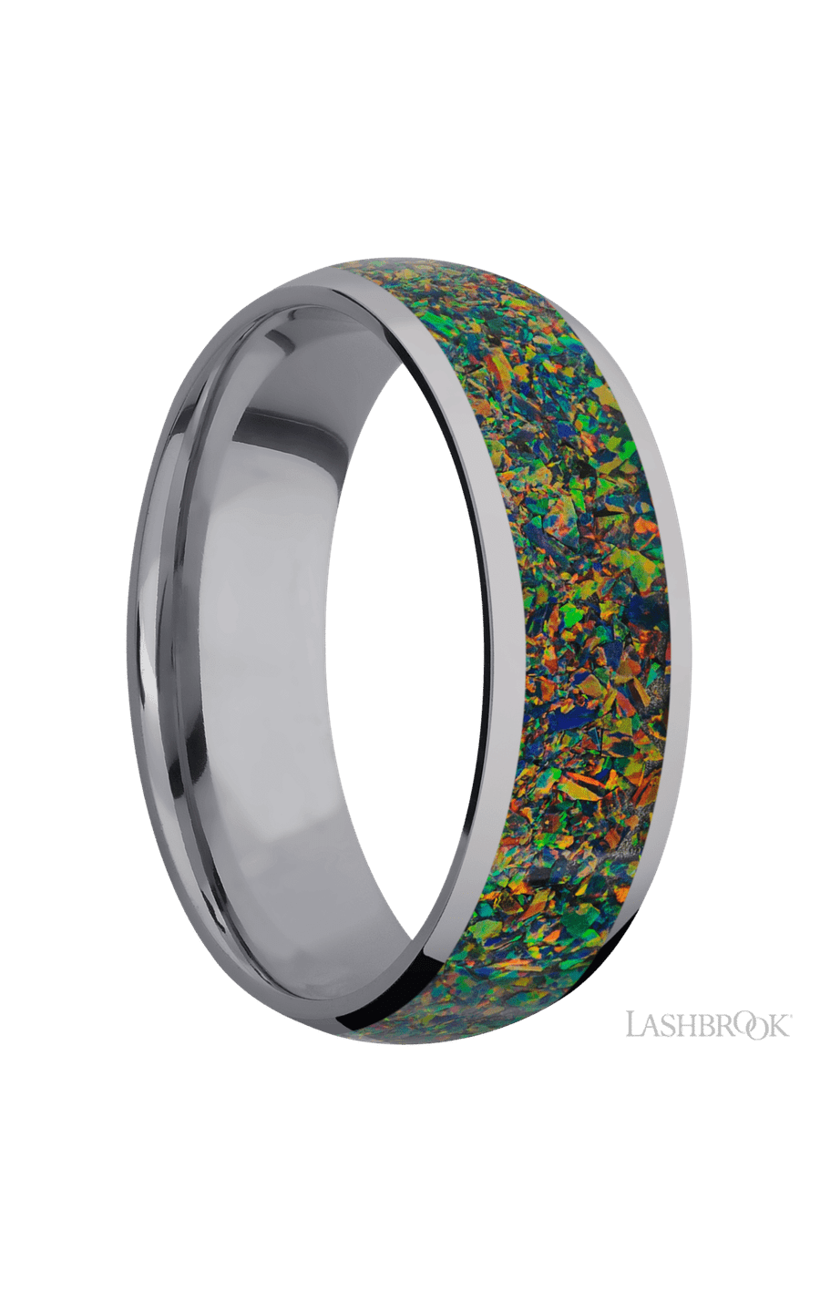 7 mm wide/Domed/Tantalum band with one 5 mm Centered inlay of Black Opal.