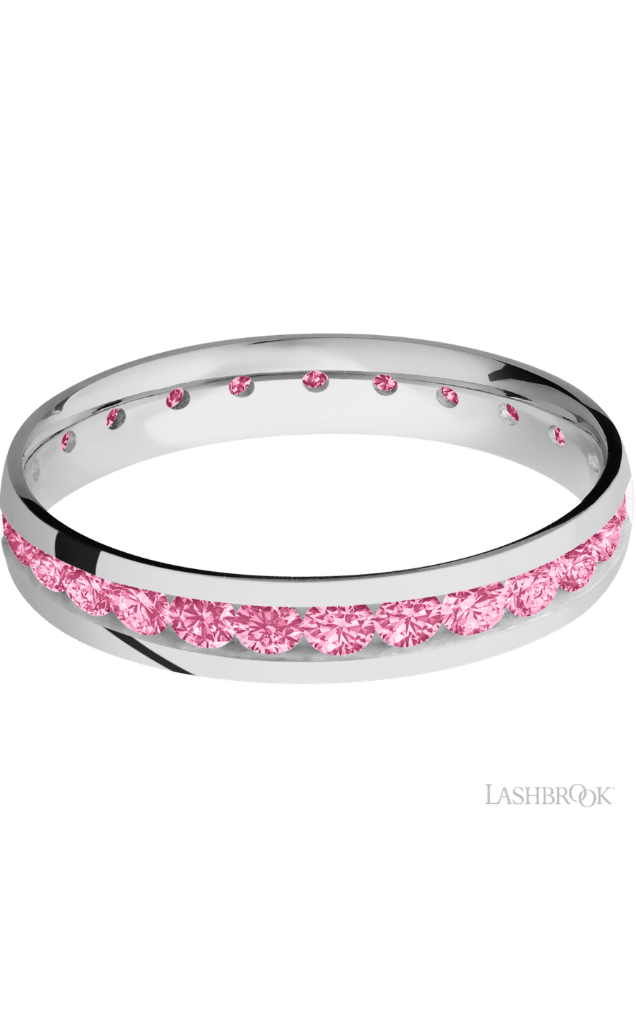 4 mm wide/Domed/Cobalt Chrome band with an Eternity arrangement of .07 carat Round Lab Dark Pink Diamond stones in a Channel setting.