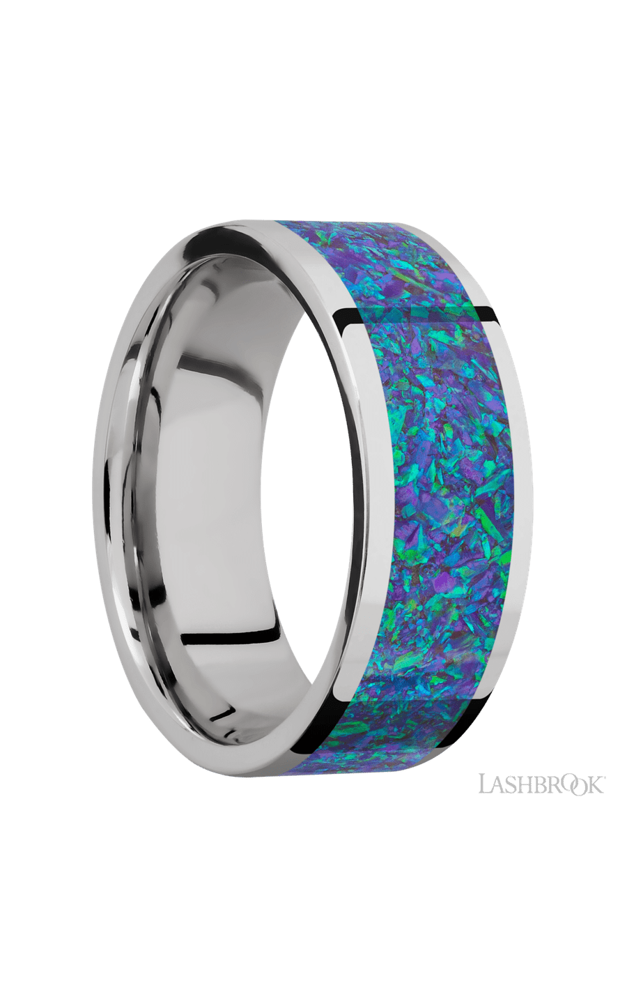 8 mm wide/Flat/Cobalt Chrome band with one 6 mm Centered inlay of Blue Green Opal.
