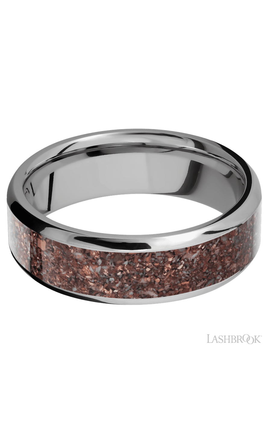 7 mm wide/Beveled/Titanium band with one 5 mm Centered inlay of Dinosaur Bone Mixed.