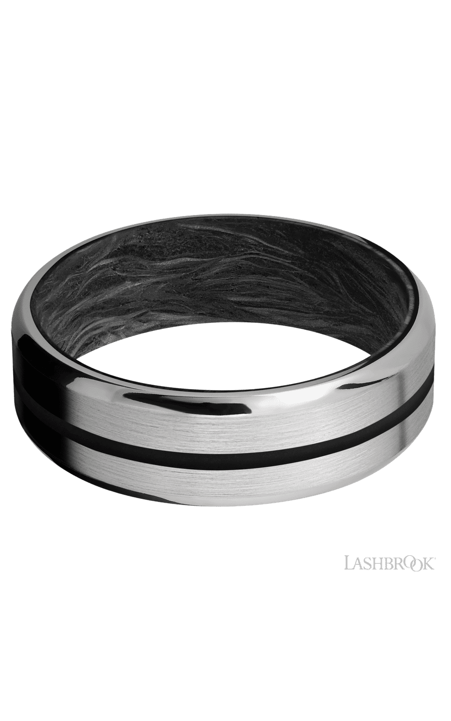7 mm wide/Beveled/Titanium band with one 1 mm Centered inlay of Black also featuring a Forged Carbon Fiber sleeve.