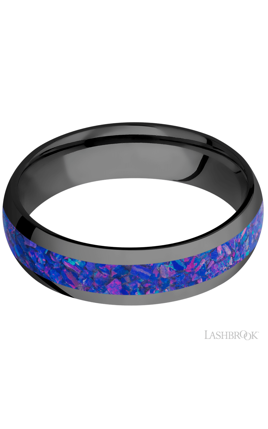 6 mm wide/Domed/Zirconium band with one 3 mm Centered inlay of Purple Opal.