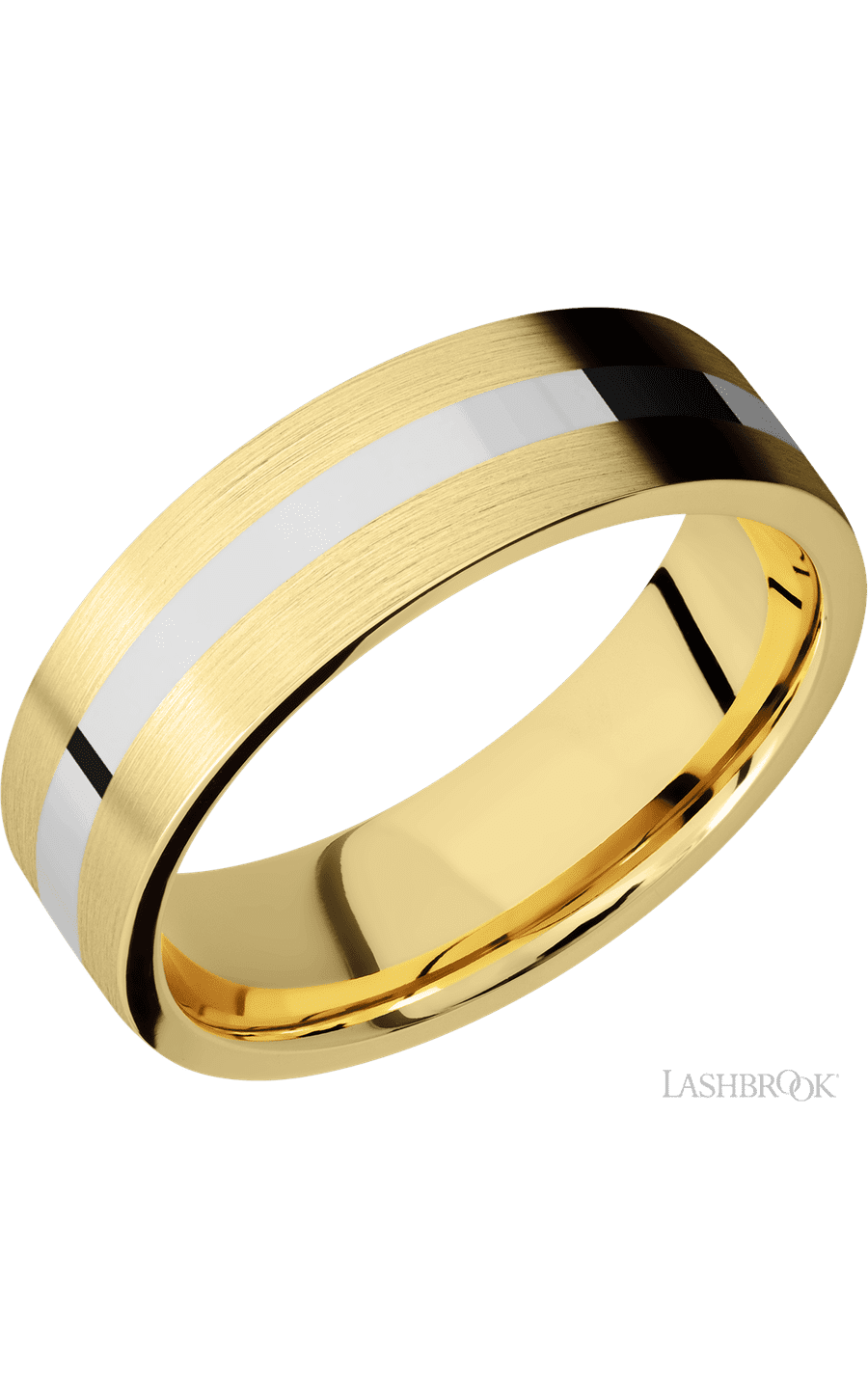 7 mm wide/Flat/14K Yellow Gold band with one 2 mm Centered inlay of 14K White Gold.