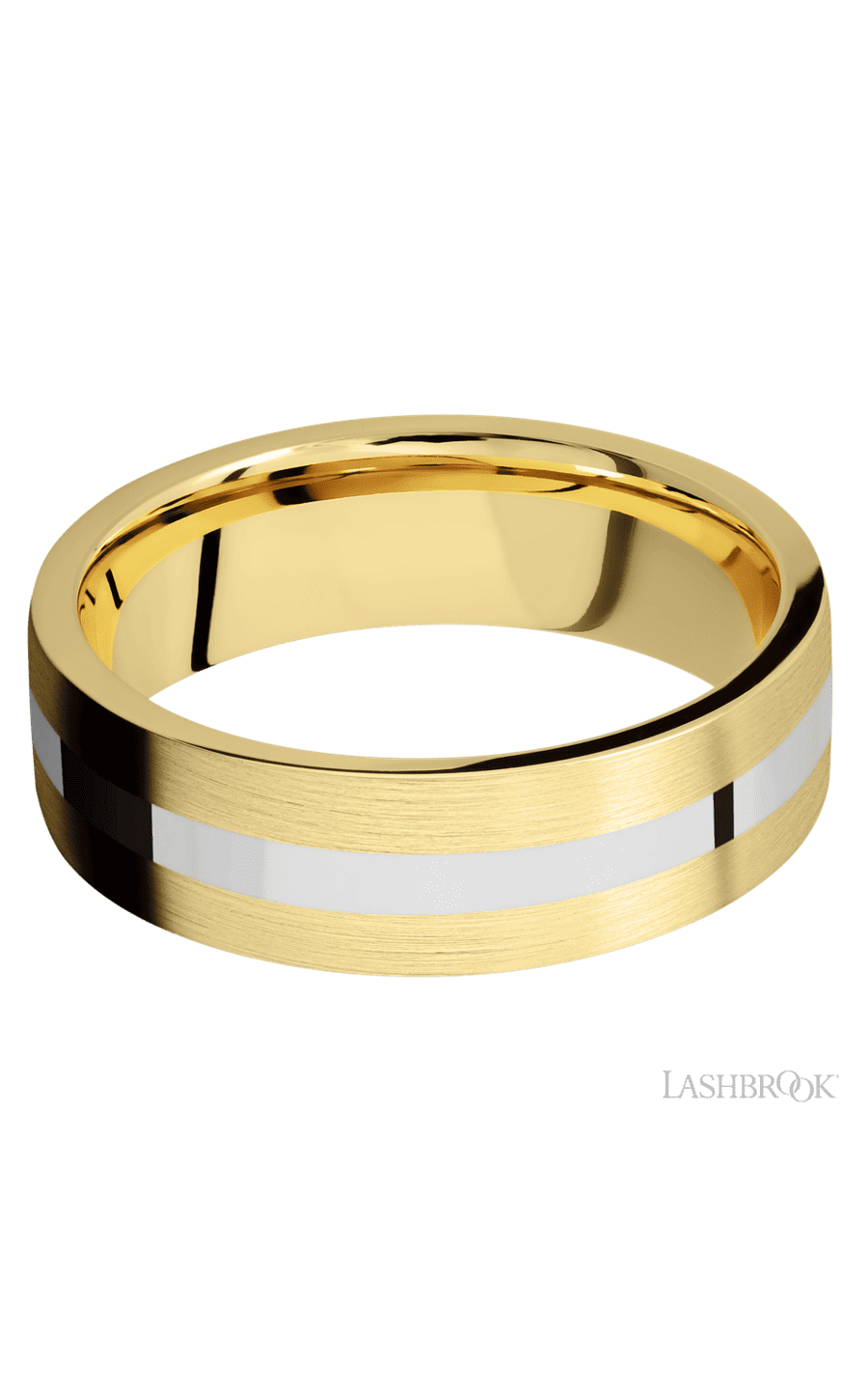 7 mm wide/Flat/14K Yellow Gold band with one 2 mm Centered inlay of 14K White Gold.