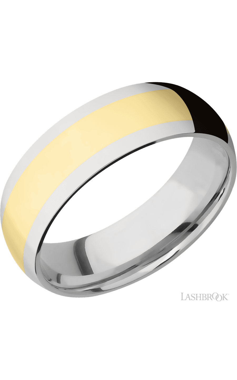 7 mm wide/Domed/14K White Gold band with one 4 mm Centered inlay of 14K Yellow Gold.