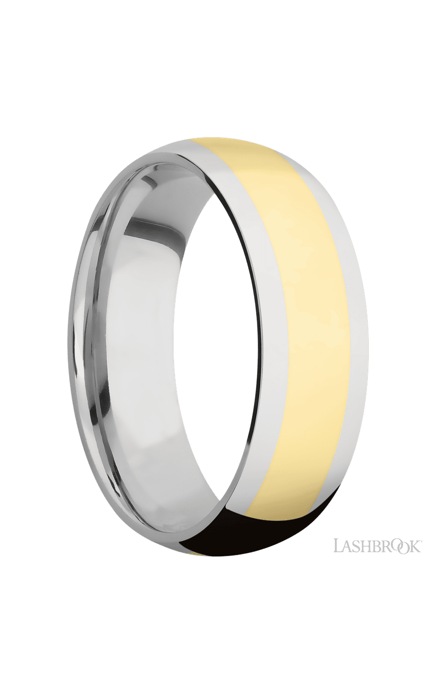 7 mm wide/Domed/14K White Gold band with one 4 mm Centered inlay of 14K Yellow Gold.