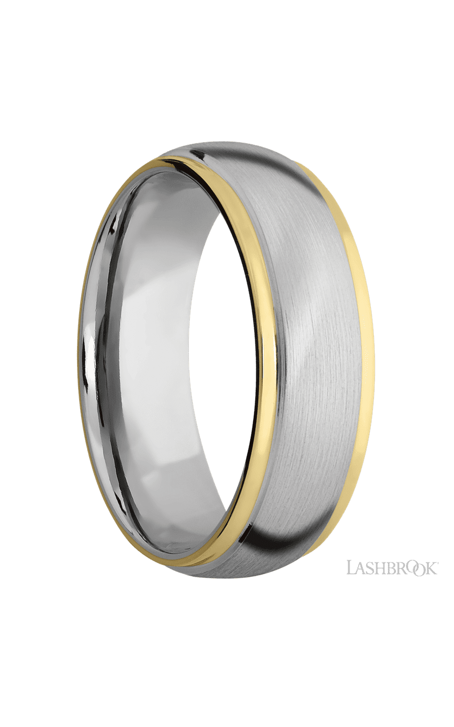 7 mm wide/Domed Stepped Down Edges/14K White Gold band with two 1 mm Edge inlays of 14K Yellow Gold.