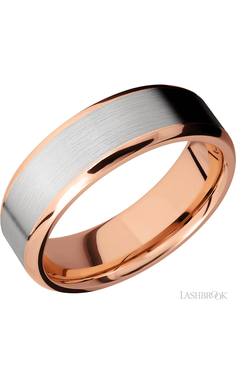 7 mm wide/Beveled/14K Rose Gold band with one 5 mm Centered inlay of 14K White Gold.
