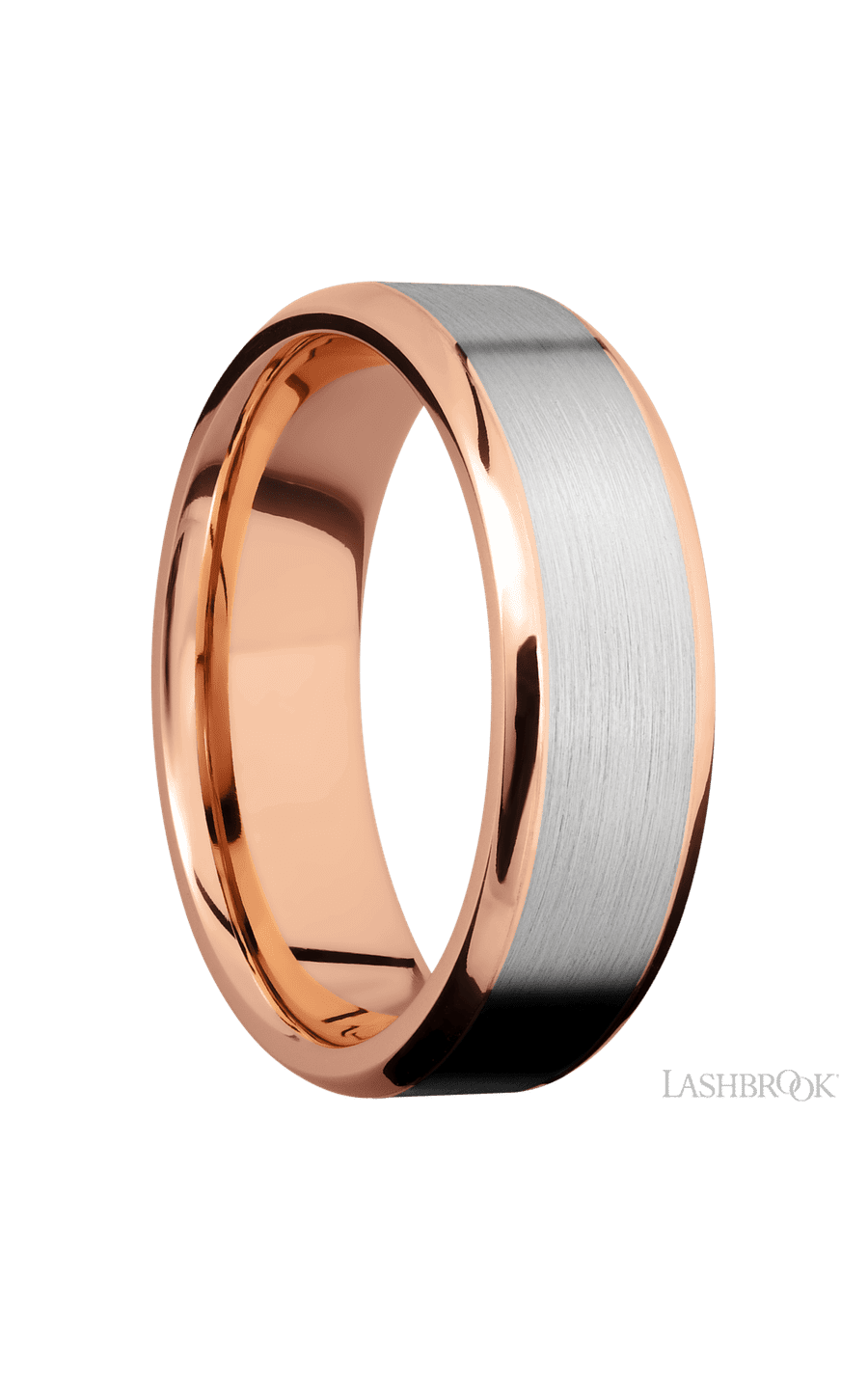 7 mm wide/Beveled/14K Rose Gold band with one 5 mm Centered inlay of 14K White Gold.