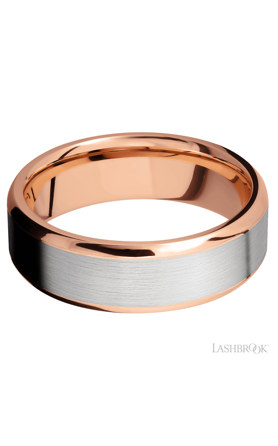 7 mm wide/Beveled/14K Rose Gold band with one 5 mm Centered inlay of 14K White Gold.