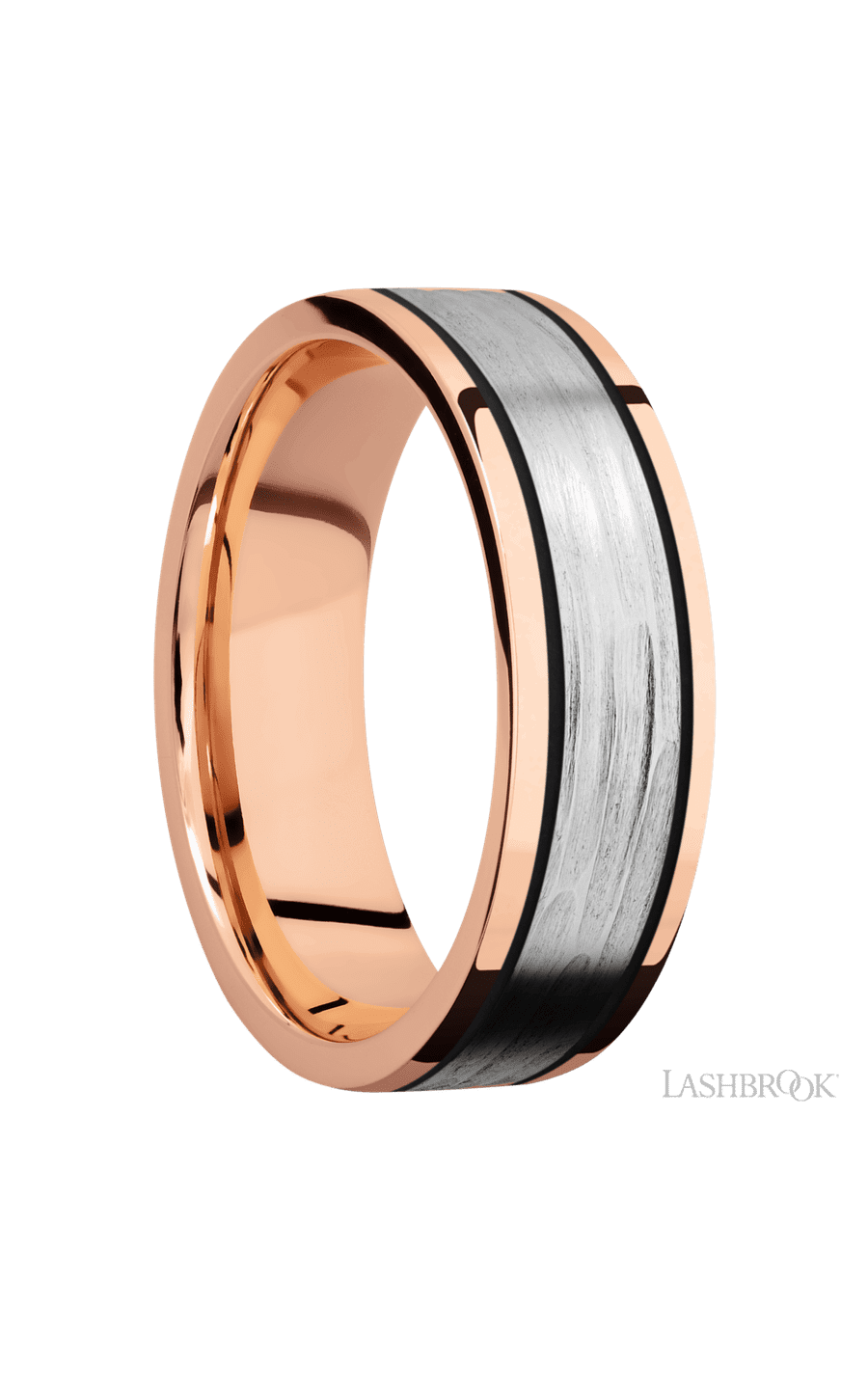 7 mm wide/Flat/14K Rose Gold band with one 4 mm Centered inlay of 14K White Gold.
