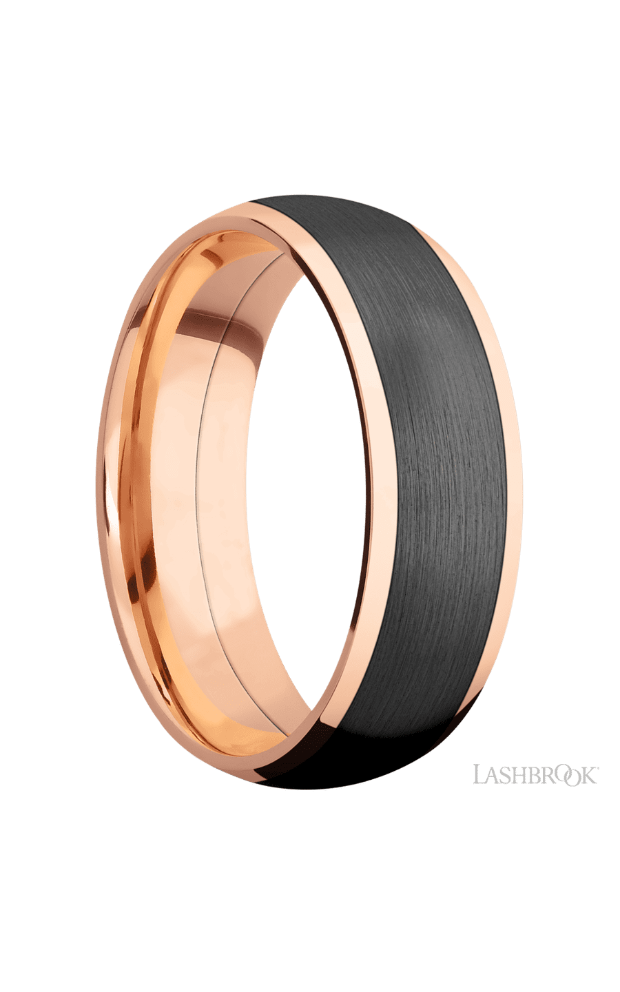 7 mm wide/Domed/14K Rose Gold band with one 5 mm Centered inlay of Zirconium.