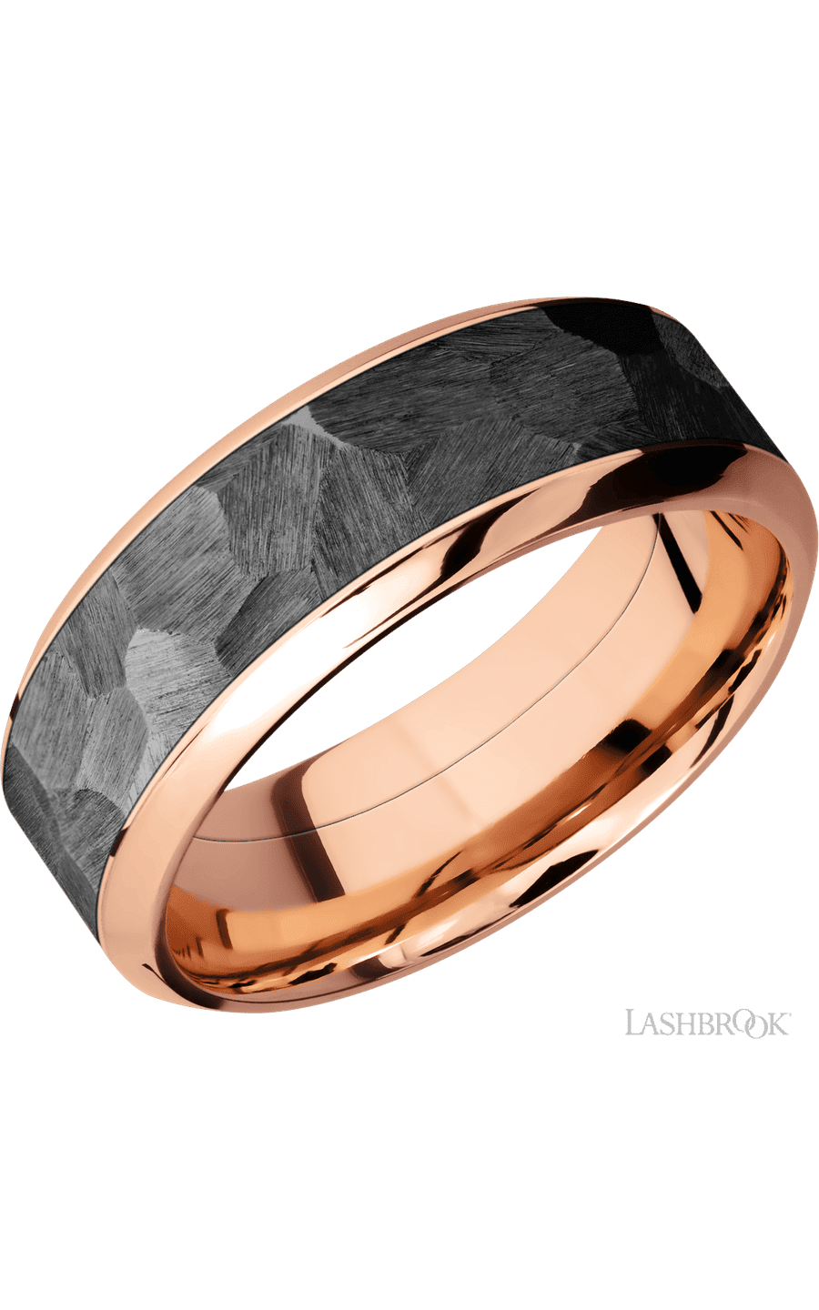 8 mm wide/High Bevel/14K Rose Gold band with one 5 mm Centered inlay of Zirconium.