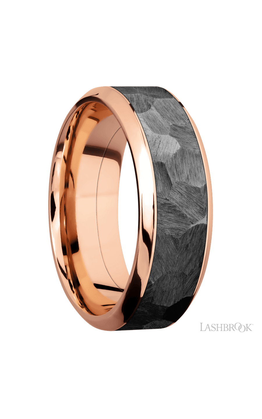 8 mm wide/High Bevel/14K Rose Gold band with one 5 mm Centered inlay of Zirconium.