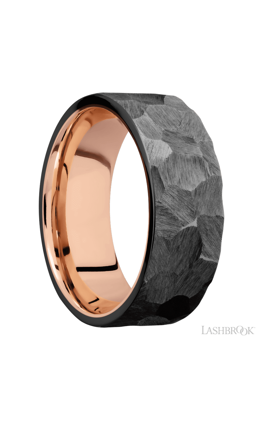 8 mm wide Flat Zirconium band featuring a 14K Rose Gold sleeve.