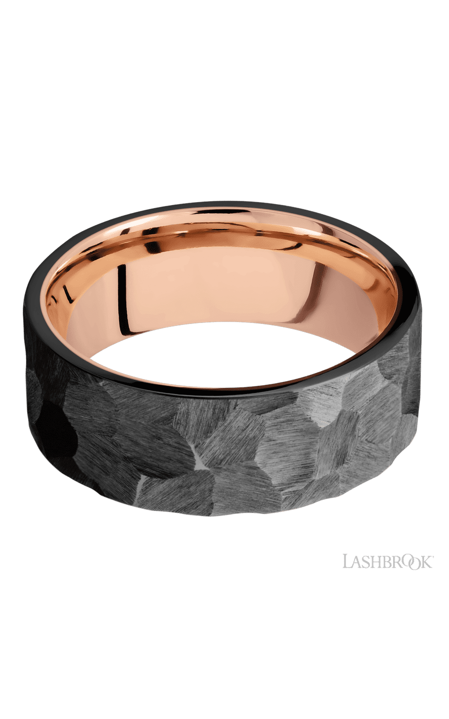8 mm wide Flat Zirconium band featuring a 14K Rose Gold sleeve.
