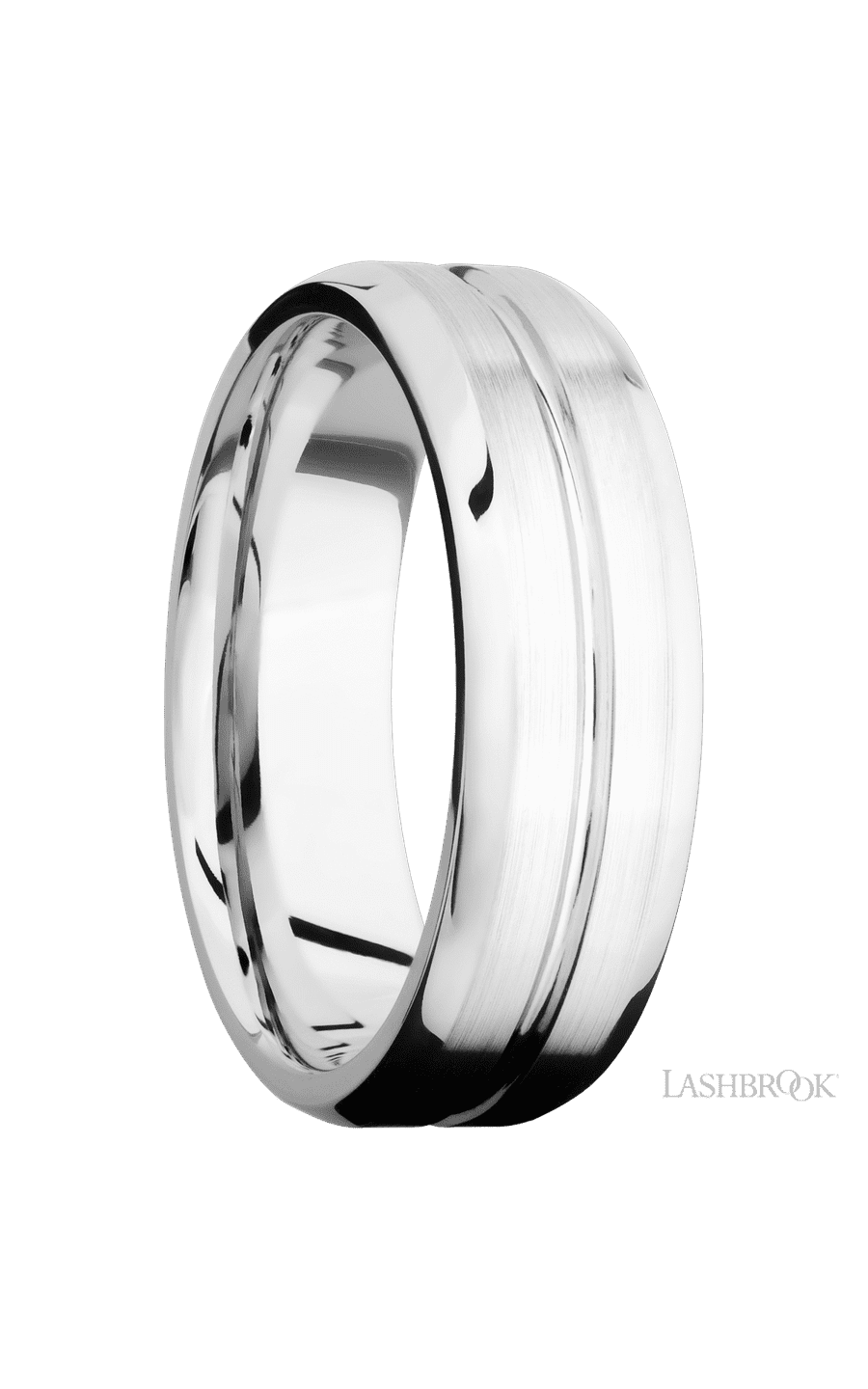 7 mm wide Beveled with Center Accent Groove 14K White Gold band.