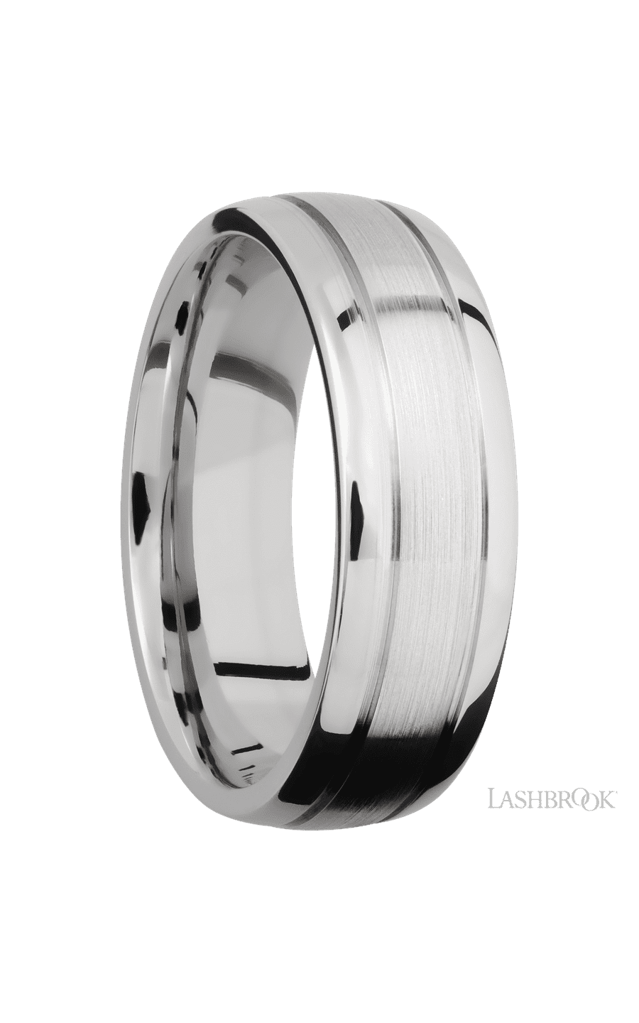 7 mm wide Domed with two accent grooves 14K White Gold band.