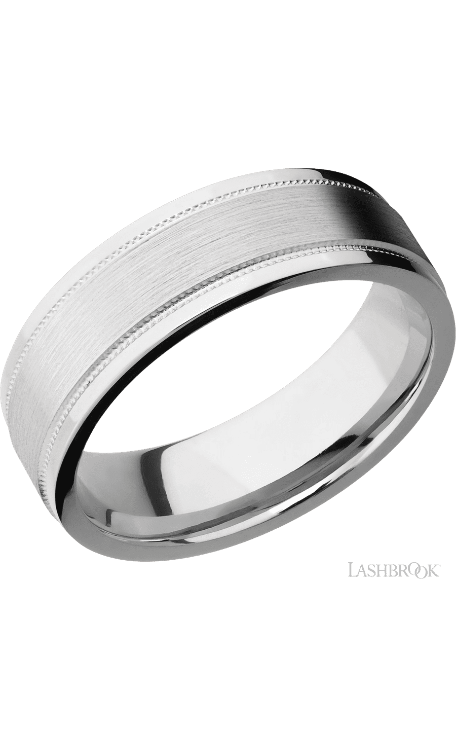 7 mm wide Flat Stepped Edges Milgrain 14K White Gold band.