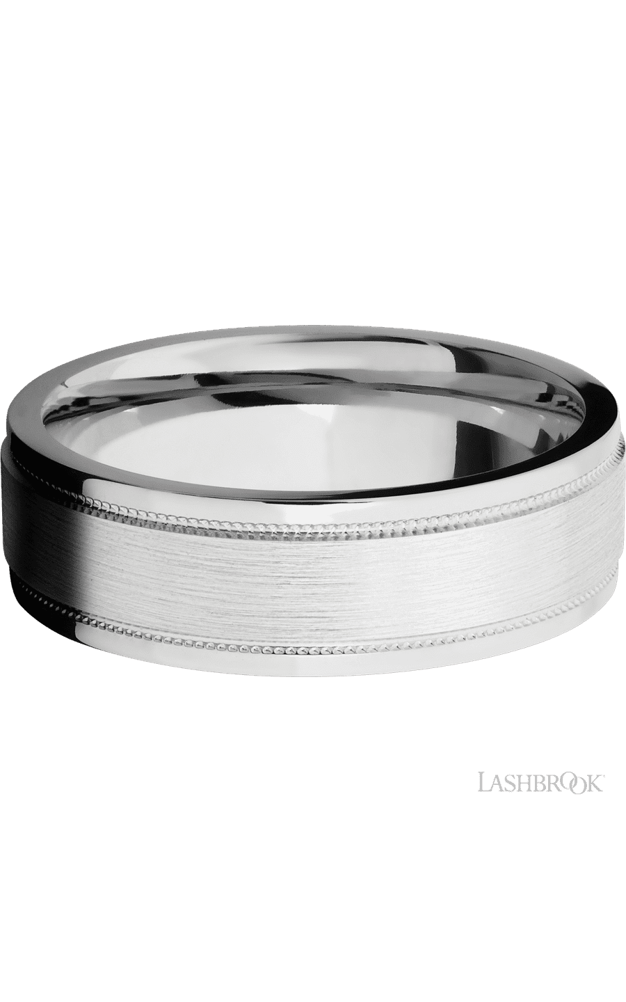 7 mm wide Flat Stepped Edges Milgrain 14K White Gold band.