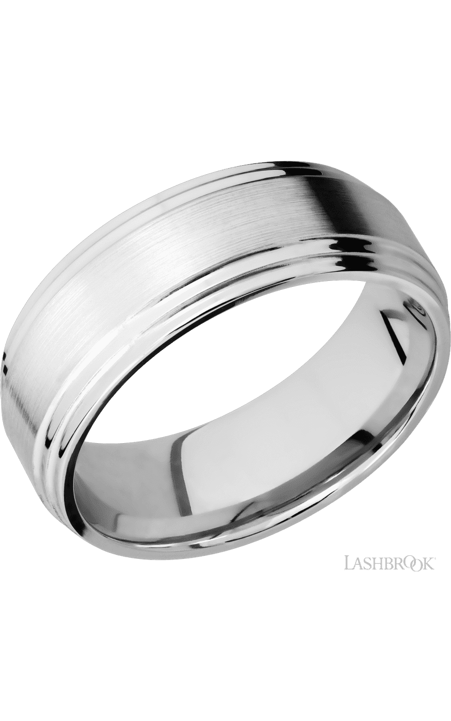 8 mm wide Flat Double Stepped Edges 14K White Gold band.