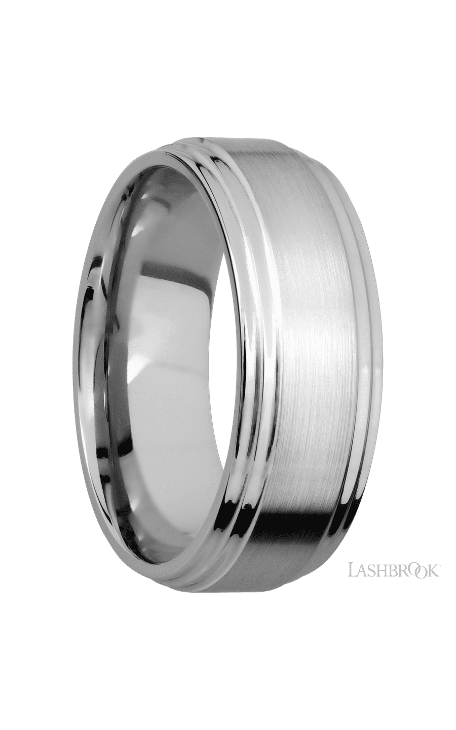 8 mm wide Flat Double Stepped Edges 14K White Gold band.