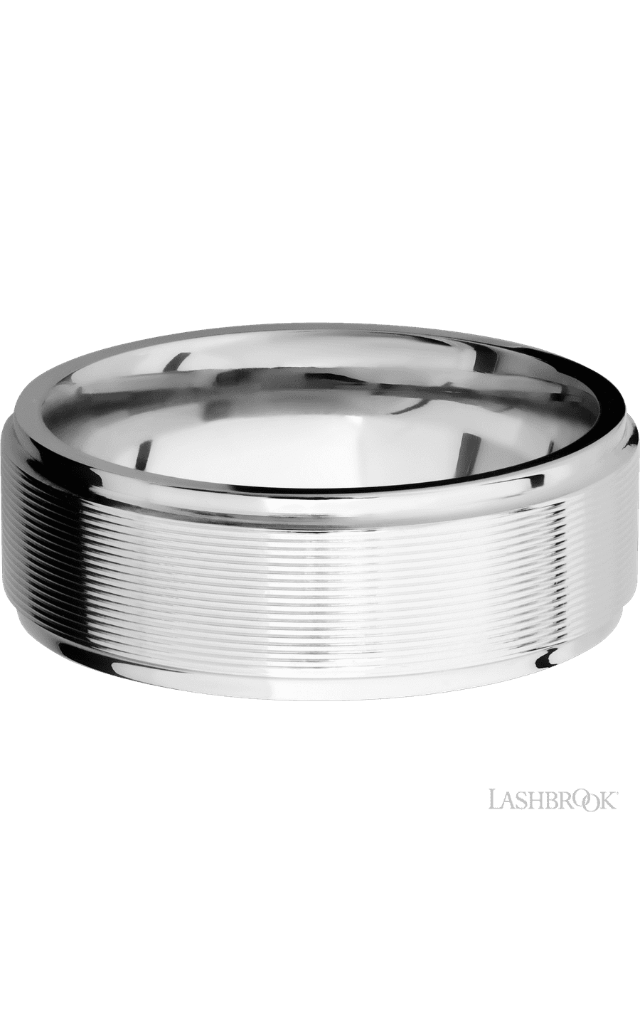 8 mm wide Flat Grooved Edges 14K White Gold band.