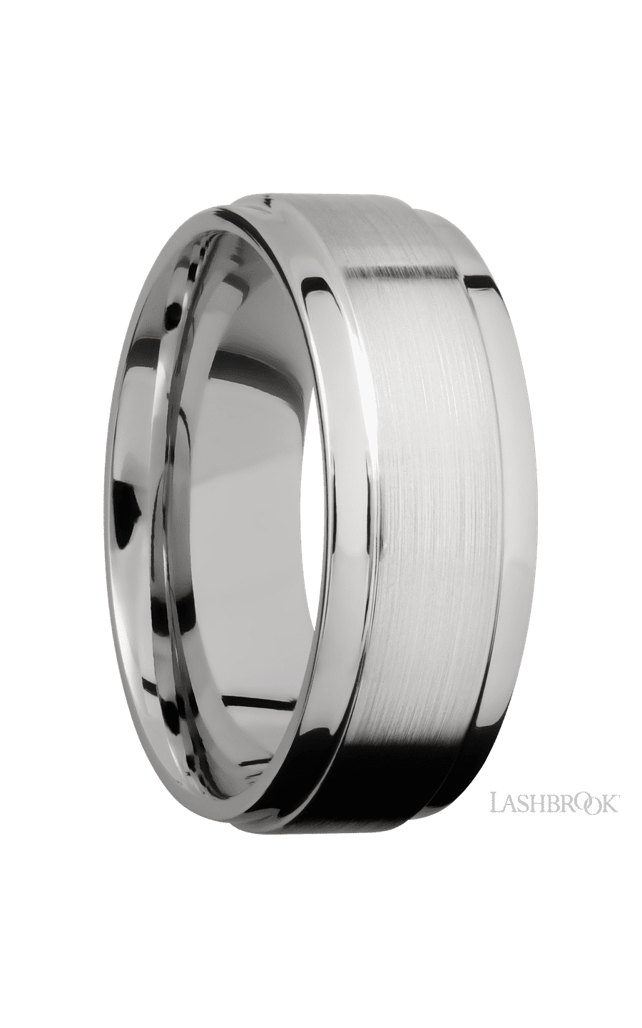 8 mm wide Flat Wide Grooved Edges 14K White Gold band.