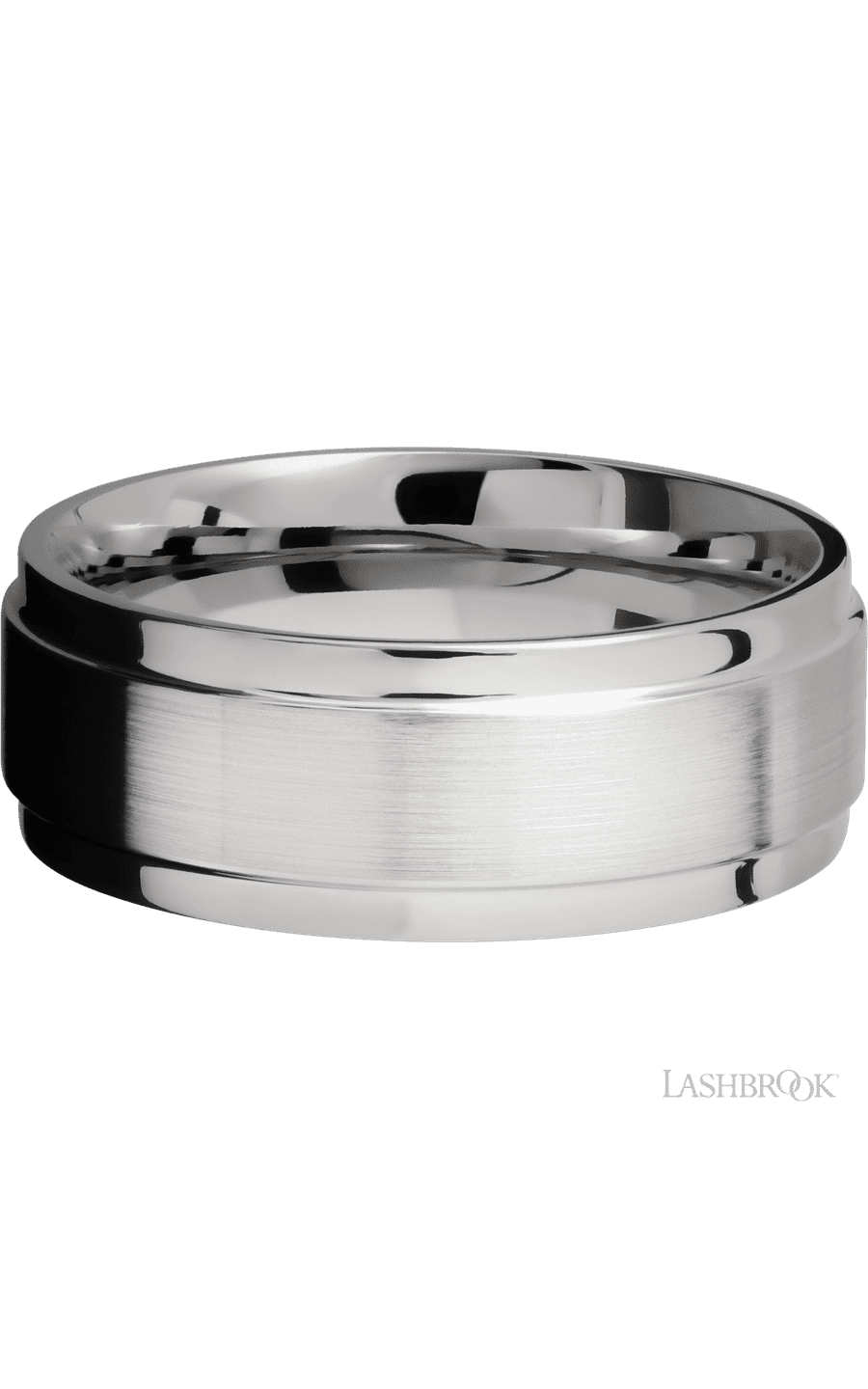 8 mm wide Flat Wide Grooved Edges 14K White Gold band.