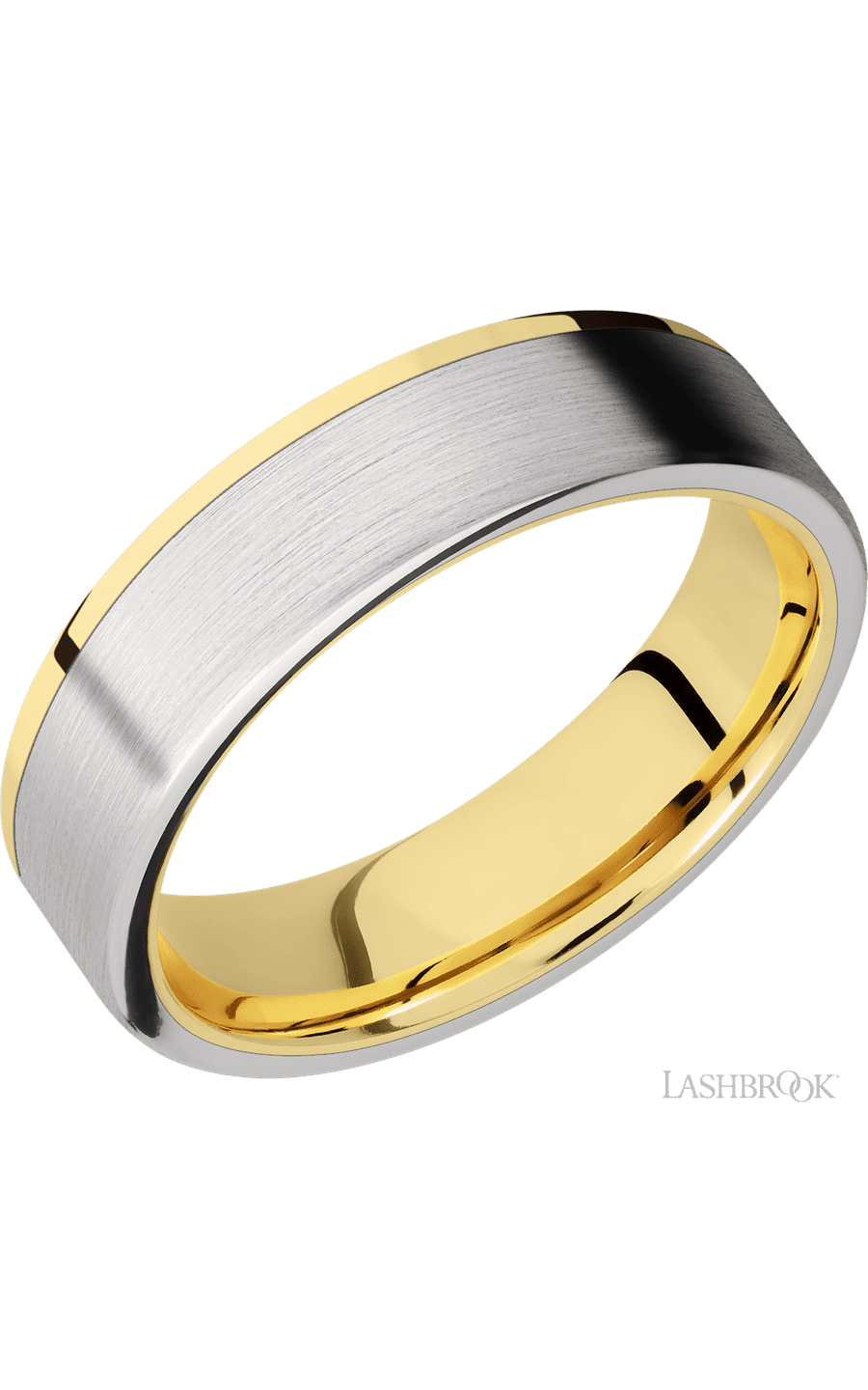 6 mm wide/Flat/14K Yellow Gold band with one 5 mm Off Center Edge inlay of Cobalt Chrome.