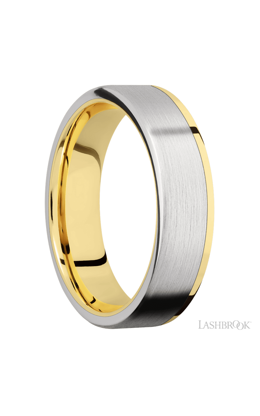 6 mm wide/Flat/14K Yellow Gold band with one 5 mm Off Center Edge inlay of Cobalt Chrome.