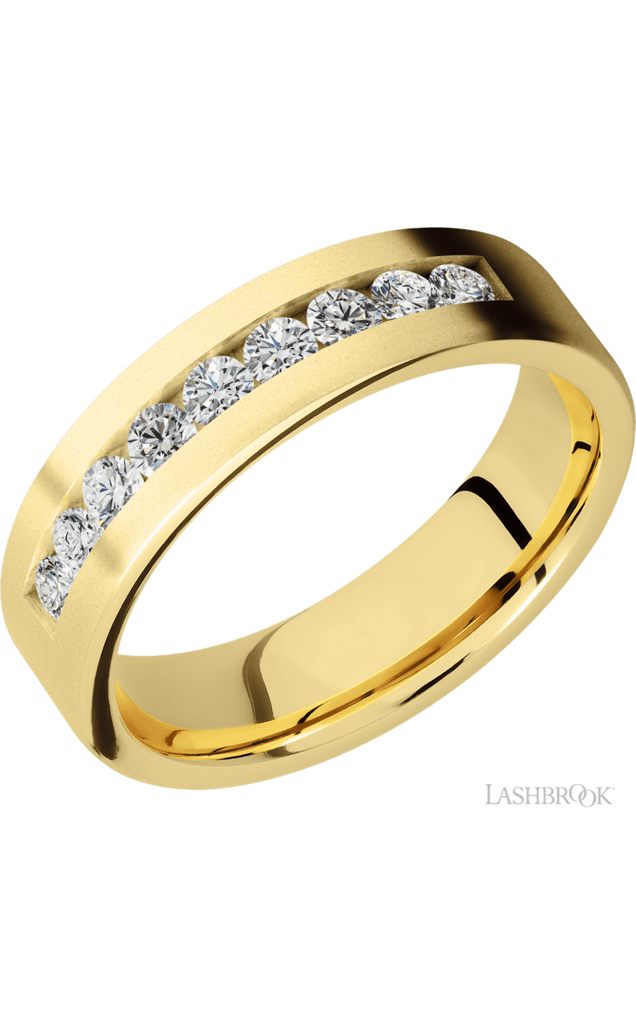 6 mm wide/Flat/14K Yellow Gold band with an  arrangement of 9, .07 carat Round Diamond stones in a Channel setting.