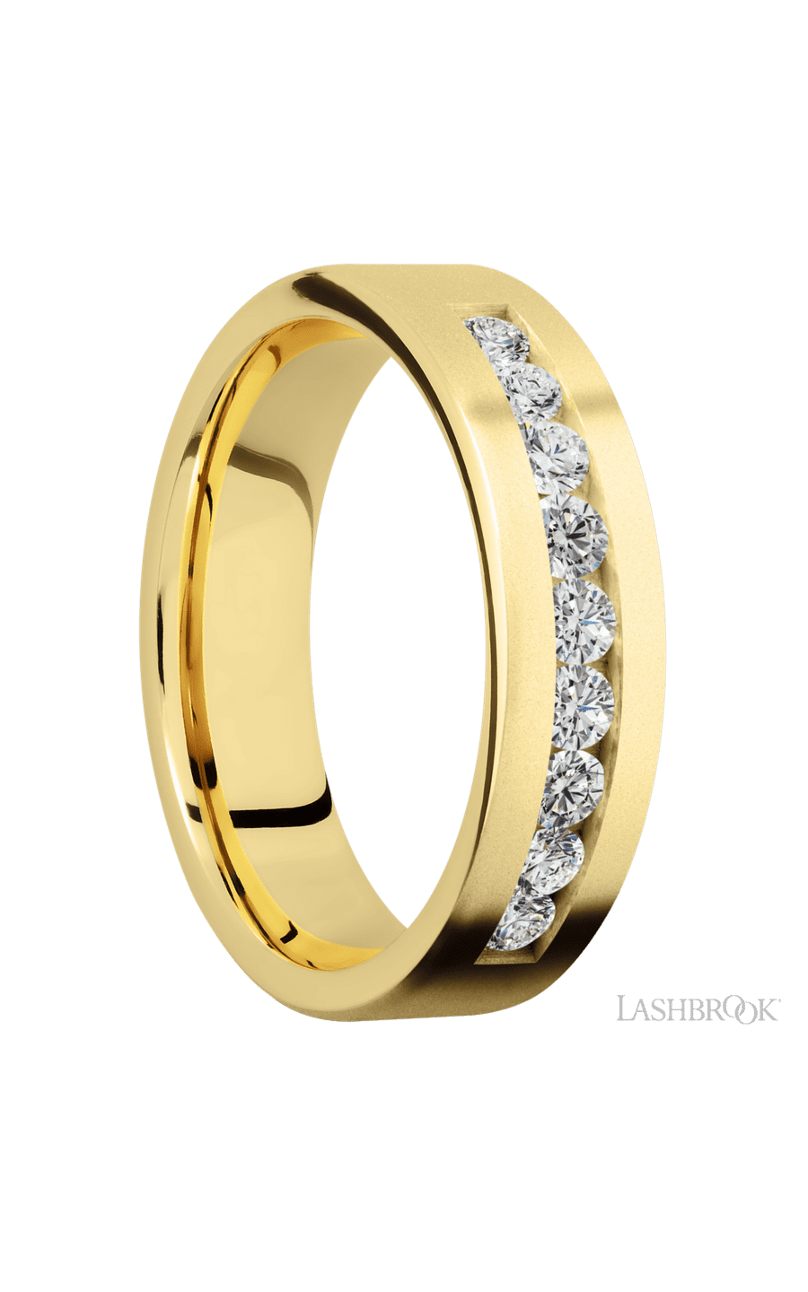 6 mm wide/Flat/14K Yellow Gold band with an  arrangement of 9, .07 carat Round Diamond stones in a Channel setting.