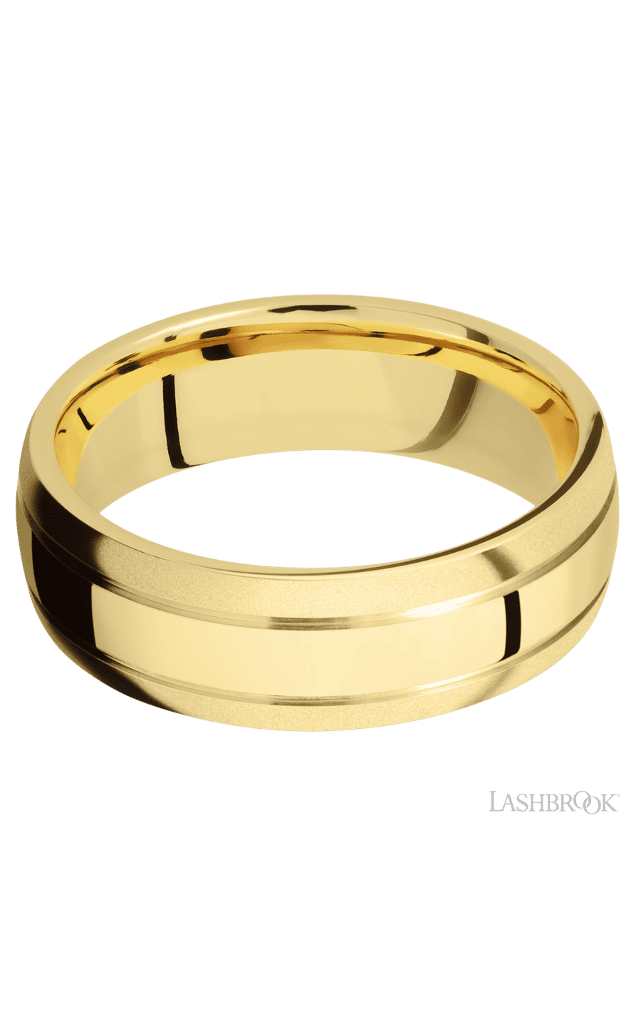 7 mm wide Domed with two accent grooves 14K Yellow Gold band.