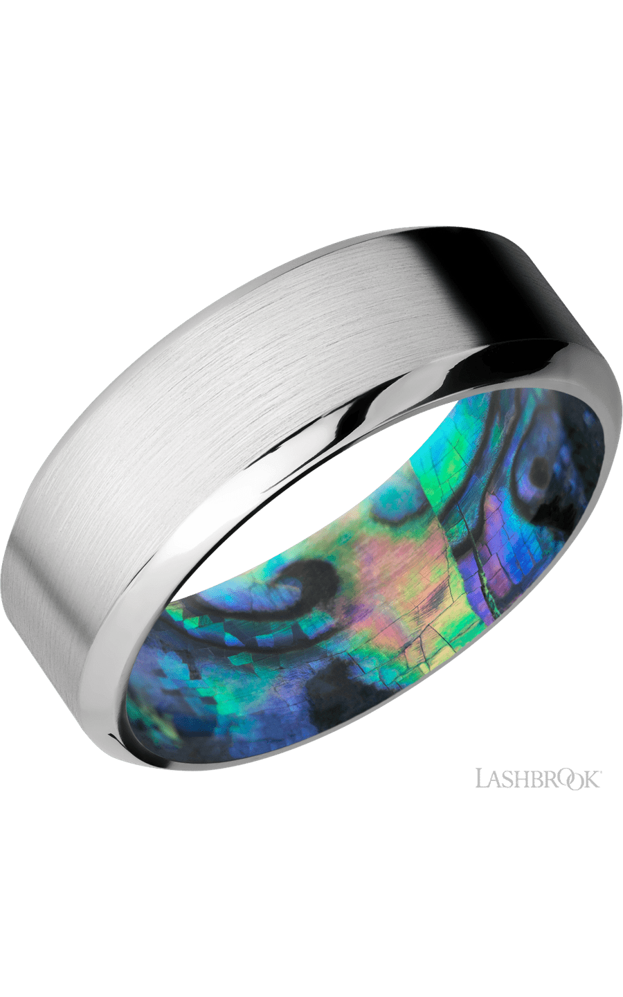 8 mm wide High Bevel Cobalt Chrome band featuring a Abalone sleeve.