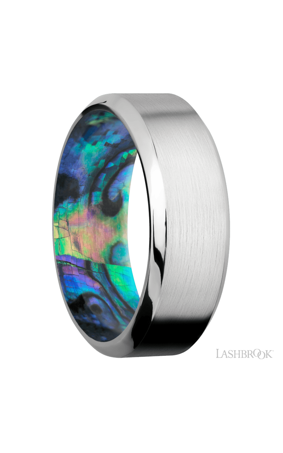 8 mm wide High Bevel Cobalt Chrome band featuring a Abalone sleeve.