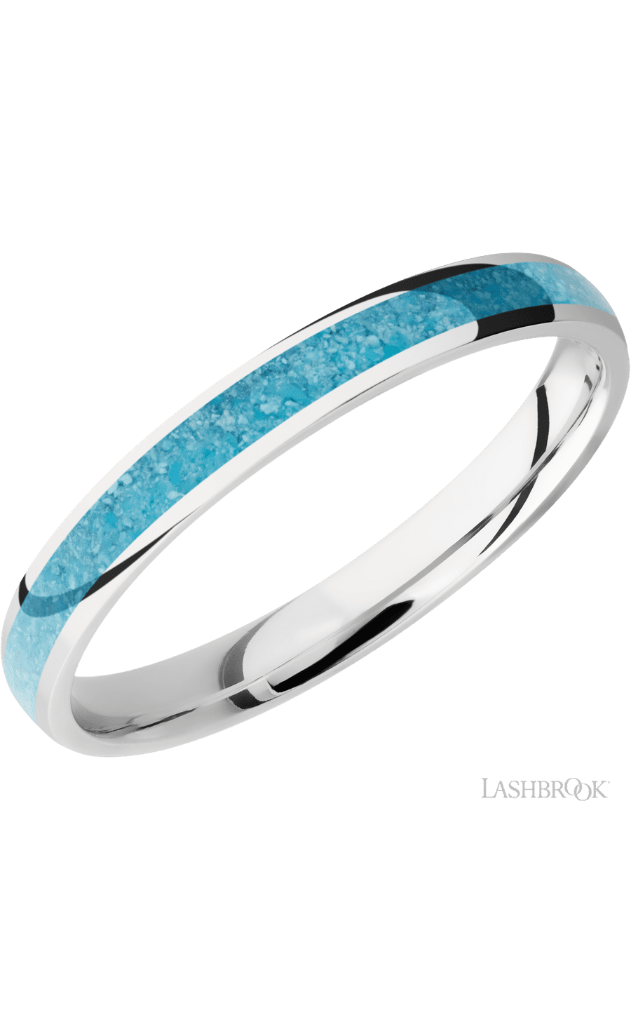3 mm wide/Domed/Cobalt Chrome band with one 2 mm Centered inlay of Turquoise.
