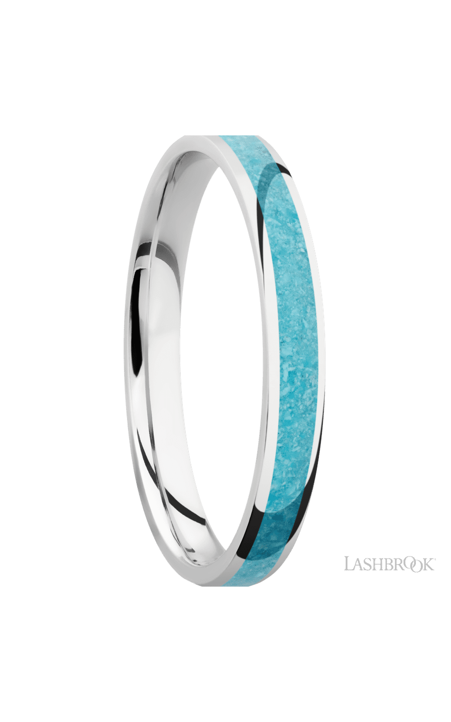 3 mm wide/Domed/Cobalt Chrome band with one 2 mm Centered inlay of Turquoise.