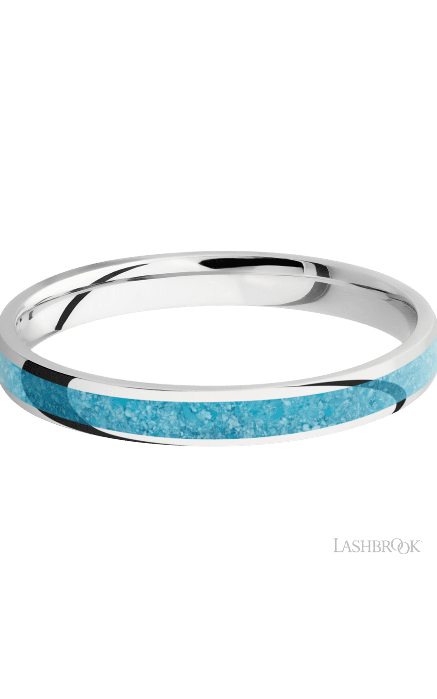 3 mm wide/Domed/Cobalt Chrome band with one 2 mm Centered inlay of Turquoise.