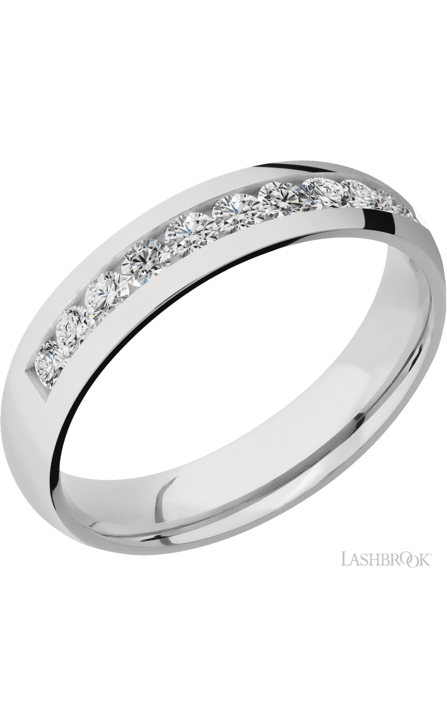 5 mm wide/Domed/Cobalt Chrome band with a Half Eternity arrangement of .07 carat Round Diamond stones in a Channel setting.